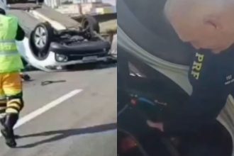 Acidente na Dutra: carro capotado e policial, possivelmente após cadeirinha salvar criança.