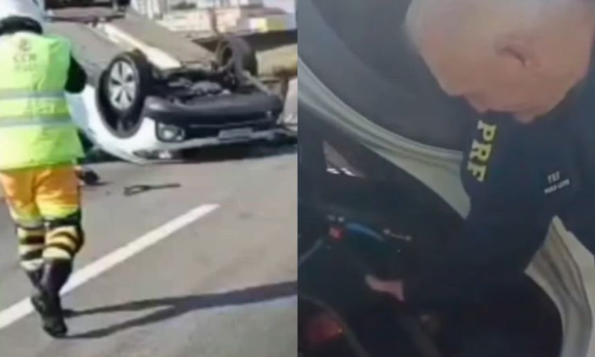 Acidente na Dutra: carro capotado e policial, possivelmente após cadeirinha salvar criança.