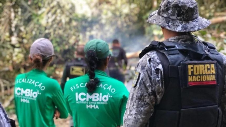 Agentes do ICMBio e Força Nacional em operação no Amazonas, fiscalizando a área.