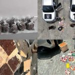 Apreensão de cocaína em mansão na Ponta Negra. Sacos com drogas, carros da polícia e materiais apreendidos.