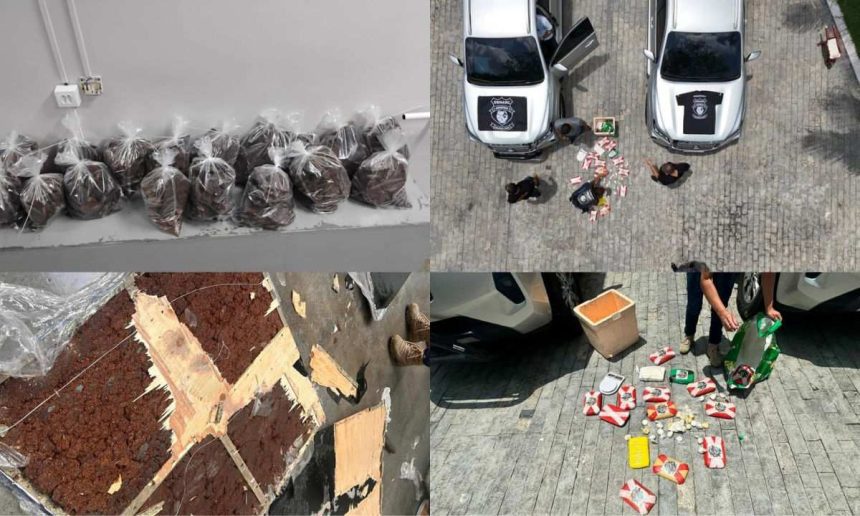 Apreensão de cocaína em mansão na Ponta Negra. Sacos com drogas, carros da polícia e materiais apreendidos.