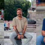 Artistas sorrindo e posando para a câmera em evento ao ar livre, em foto dividida em três partes.