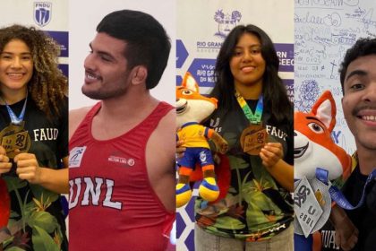 Atletas do Amazonas com medalhas nos JUBs 2025: fotos de quatro pessoas sorrindo com medalhas e mascotes.