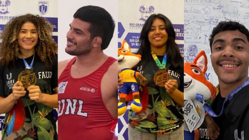 Atletas do Amazonas com medalhas nos JUBs 2025: fotos de quatro pessoas sorrindo com medalhas e mascotes.