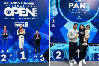 Atletas no pódio do Orlando Summer Open e Pan Jiu-Jitsu IBJJF Championship, com Brenda Ariane.