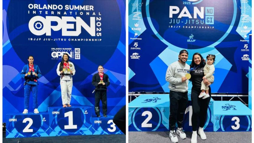 Atletas no pódio do Orlando Summer Open e Pan Jiu-Jitsu IBJJF Championship, com Brenda Ariane.