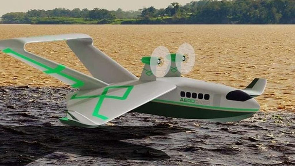 Barco voador Volitan na água, com hélices e design futurista, sobre rio.