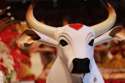 Boi Garantido, com chifres e coração vermelho, em evento. Detalhe de rosto.