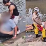 Bombeiros resgatam homem obeso de igarapé em Manaus.