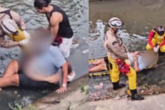 Bombeiros resgatam homem obeso de igarapé em Manaus.