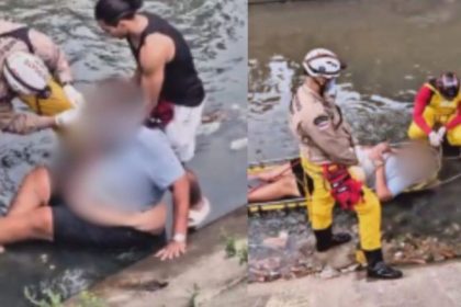 Bombeiros resgatam homem obeso de igarapé em Manaus.