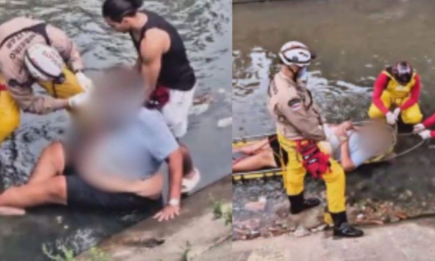 Bombeiros resgatam homem obeso de igarapé em Manaus.