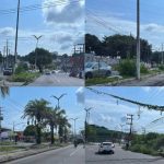 Canteiros centrais abandonados em Manaus, com vegetação e lixo acumulados.