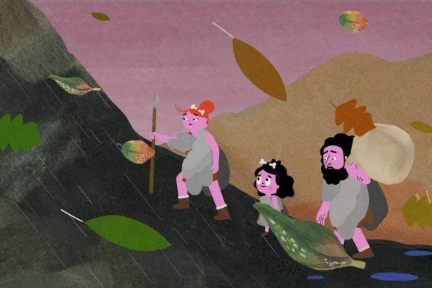 Cena de animação: família pré-histórica caminha sob chuva e folhas, em Manaus.