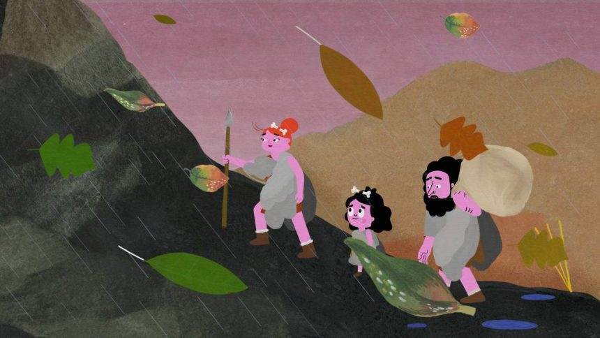 Cena de animação: família pré-histórica caminha sob chuva e folhas, em Manaus.