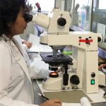 Cientista analisando amostra em microscópio no laboratório.