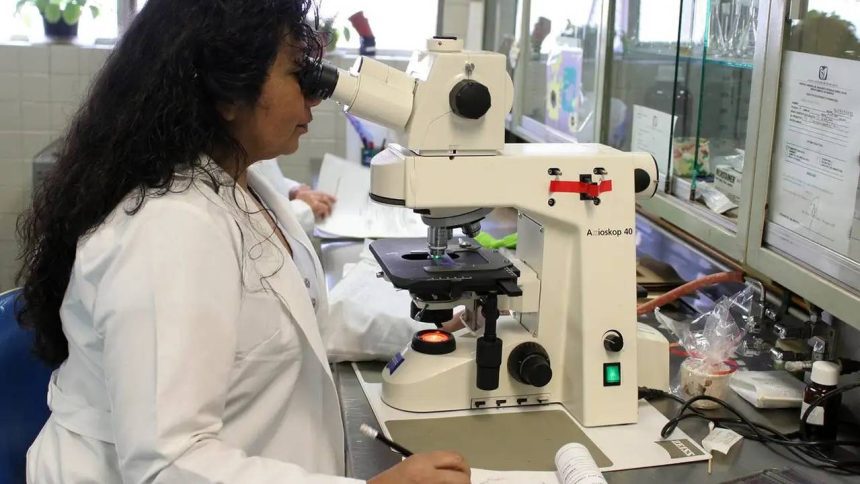 Cientista analisando amostra em microscópio no laboratório.