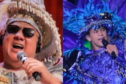 David Assayag e Patrick Junior no palco do Roda de Toada, cantando com microfones.