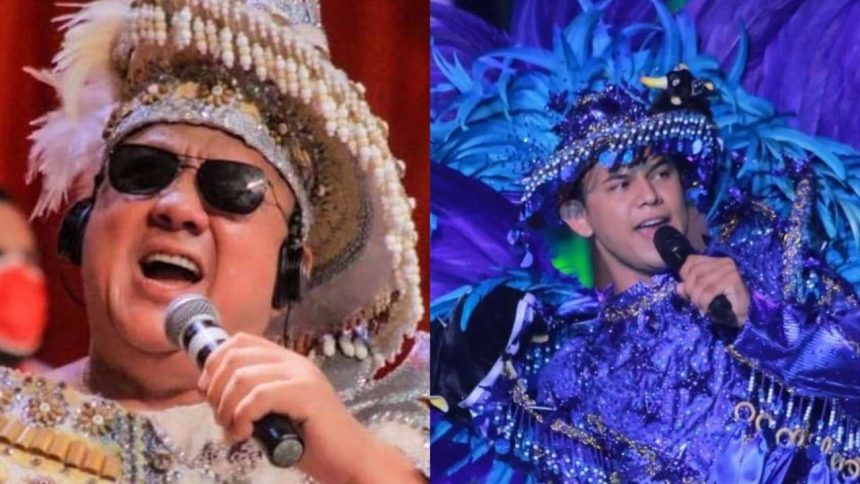 David Assayag e Patrick Junior no palco do Roda de Toada, cantando com microfones.