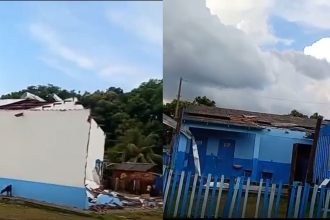 Estruturas danificadas após temporal: escola e casas destelhadas em Parintins.