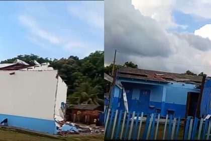Estruturas danificadas após temporal: escola e casas destelhadas em Parintins.