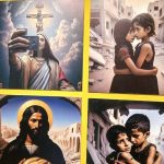 Exposição de arte religiosa na Galeria do Largo, com imagens de santos e cenas bíblicas.