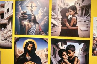 Exposição de arte religiosa na Galeria do Largo, com imagens de santos e cenas bíblicas.
