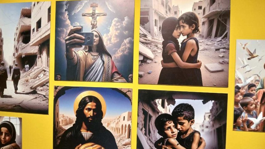 Exposição de arte religiosa na Galeria do Largo, com imagens de santos e cenas bíblicas.