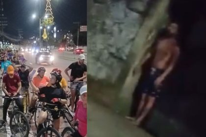 Grupo de ciclistas em Manaus é ameaçado por homem, mostrando ciclistas e o homem sem camisa.