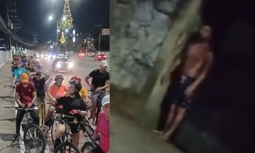 Grupo de ciclistas em Manaus é ameaçado por homem, mostrando ciclistas e o homem sem camisa.