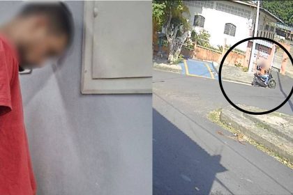 Homem preso após agredir adolescente com martelo, imagem dividida, mostrando o suspeito e cena da prisão com motocicleta.