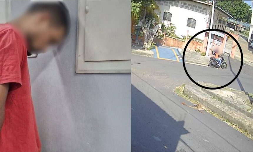 Homem preso após agredir adolescente com martelo, imagem dividida, mostrando o suspeito e cena da prisão com motocicleta.