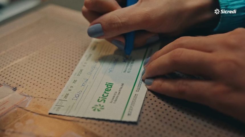 Mãos preenchendo cheque do Sicredi com caneta azul. Foco na escrita 'Dois mil'.