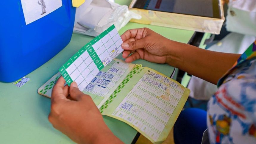 Mãos seguram caderneta de vacinação em consulta médica. Registro de vacinas e saúde.
