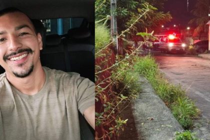 Motorista de aplicativo sorrindo e local de crime com viaturas policiais