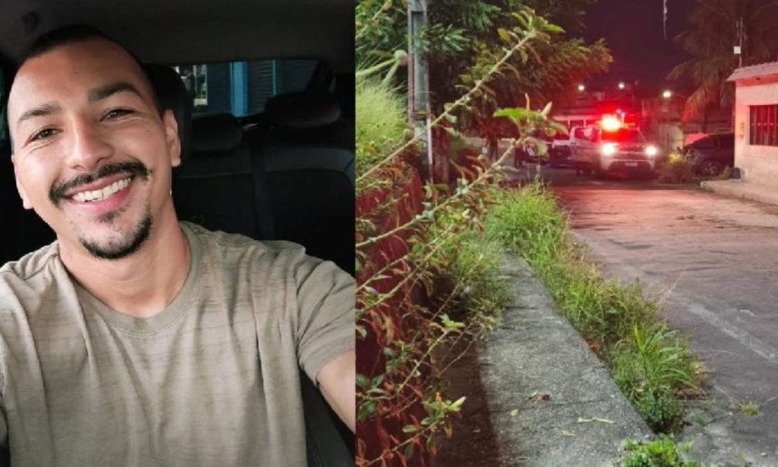 Motorista de aplicativo sorrindo e local de crime com viaturas policiais