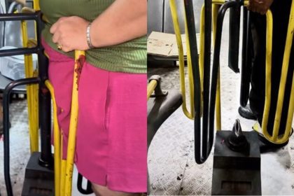 Mulher presa em catraca de ônibus, sendo resgatada.