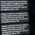 Notificações da Defesa Civil em Manaus sobre alertas de chuva, alagamentos e enxurradas.