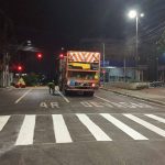 Operários trabalhando na sinalização de trânsito em rua à noite, com caminhão e faixas de pedestres