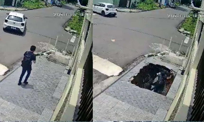 Pedestre cai em buraco após calçada ceder em Manaus.