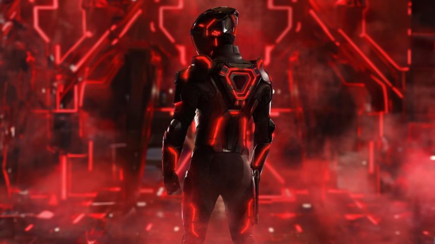 Personagem com traje futurista em ambiente vermelho e tecnológico, inspirado em Tron.