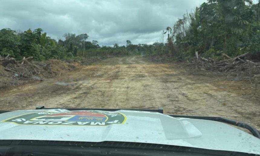 Pista de avião clandestina em área de mata, veículo da polícia no local.