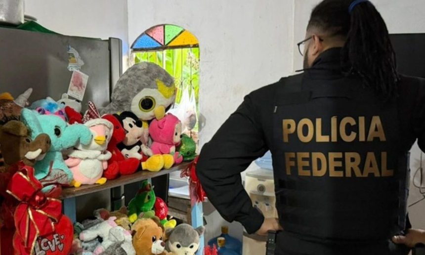 Policial Federal em operação com apreensão de brinquedos.