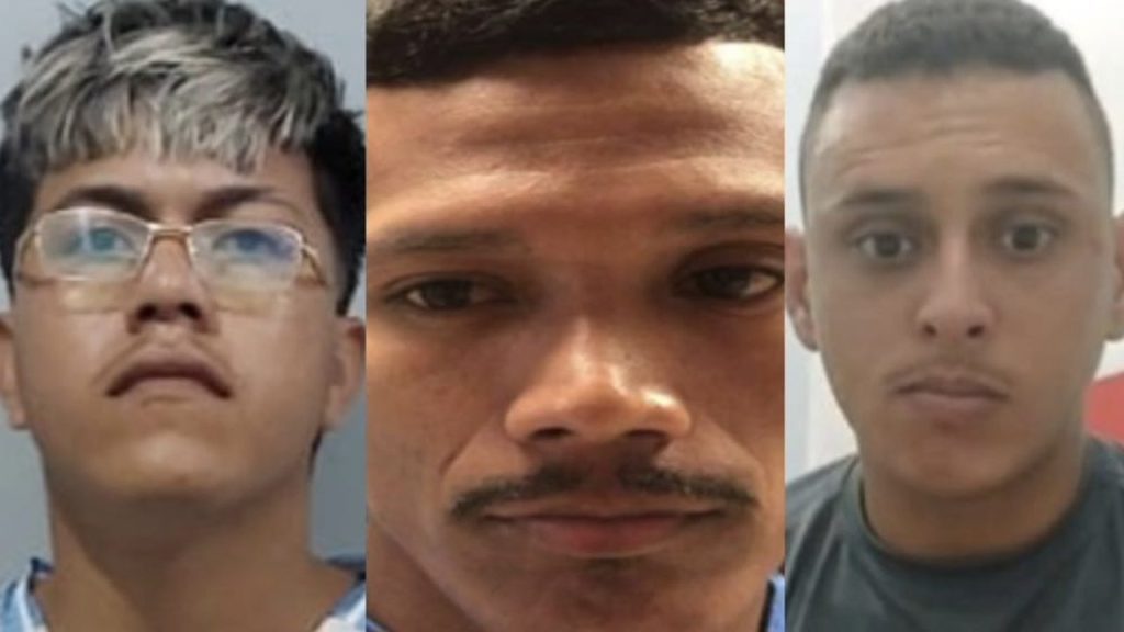 Retratos de três homens procurados por homicídio em Coari, divulgados pela polícia.