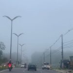 Rodovia com neblina em Manaus, com veículos em movimento e postes de iluminação.