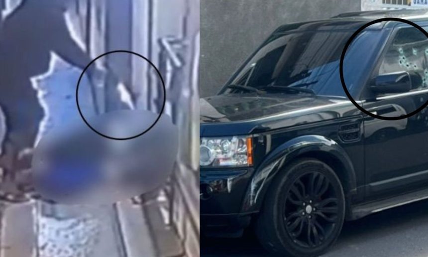 Veículo com marcas de tiros e homem sendo baleado carregando criança em Florianópolis.