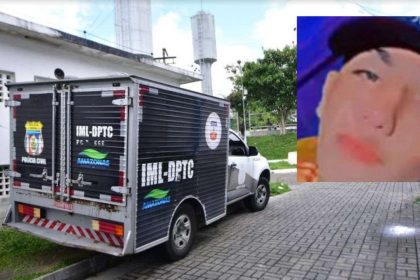 Veículo do IML-DPTC e rosto de jovem em contexto de notícia sobre morte no Amazonas.