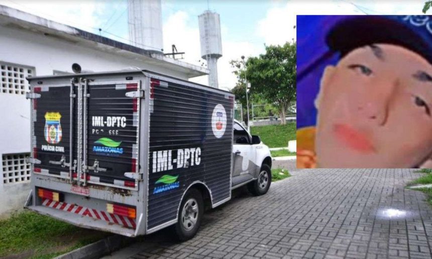 Veículo do IML-DPTC e rosto de jovem em contexto de notícia sobre morte no Amazonas.