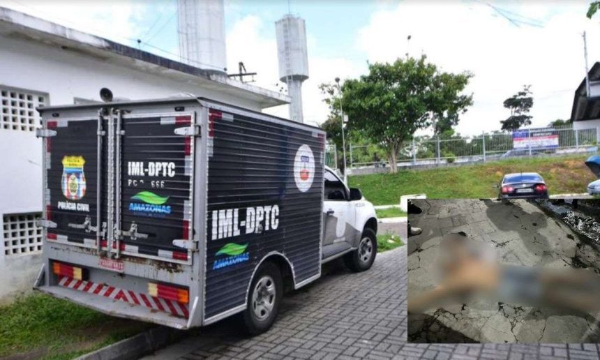 Veículo do IML em cena de crime em Manaus, com corpo no chão e viatura policial.