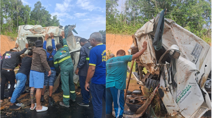 Motorista perde o controle e caminhão tomba no Km 130 da AM-010